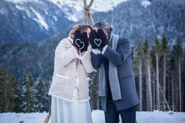 creation signe edith, mariage en hivers dans un gite, sous la neige
