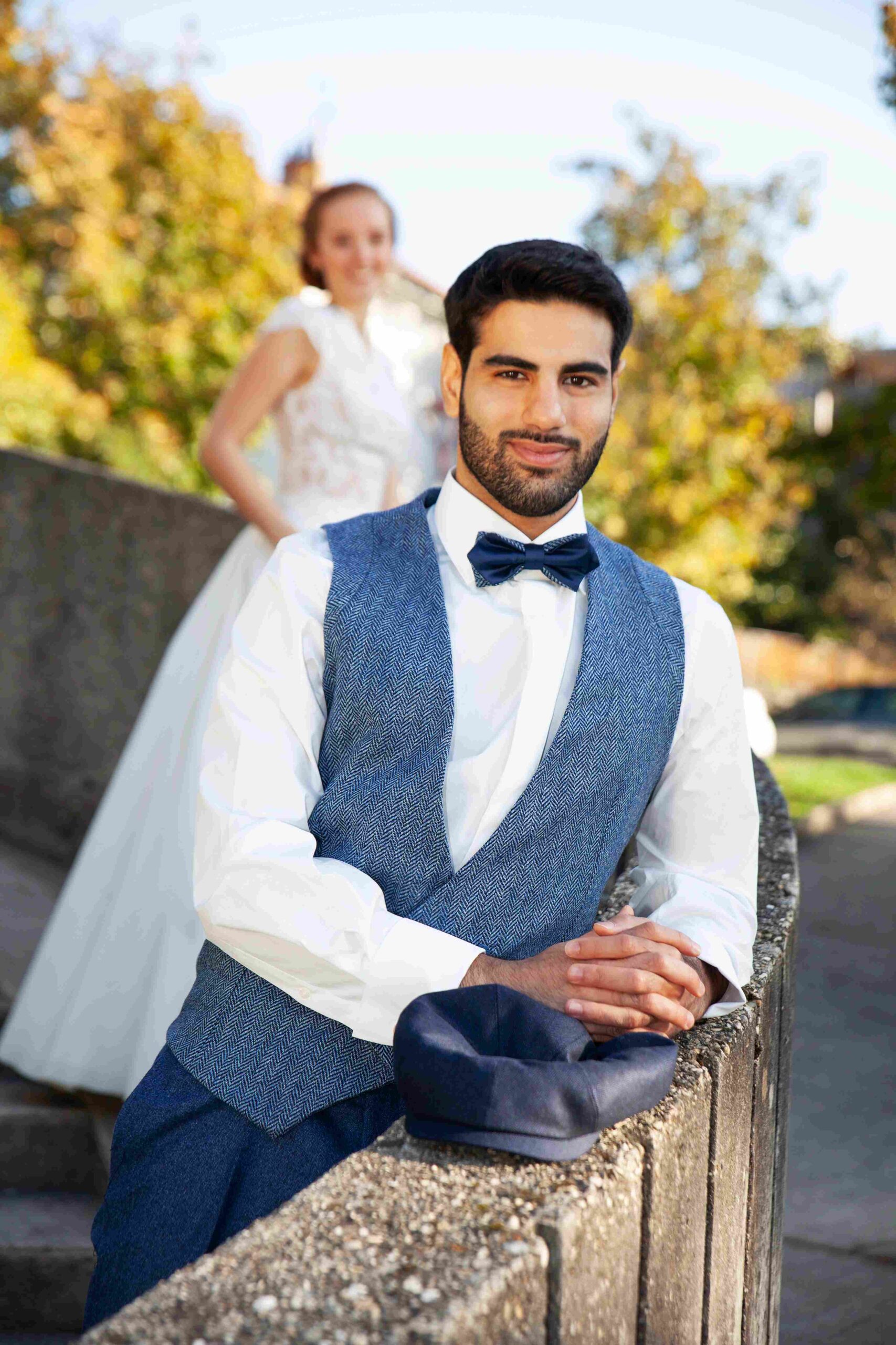 Costume Digne costume de mariage Grenoble couleur bleu en tweed anglais
